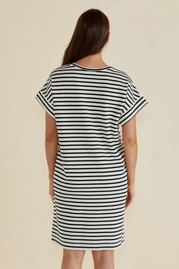 Elise V Neck Dress / White Black Stripe