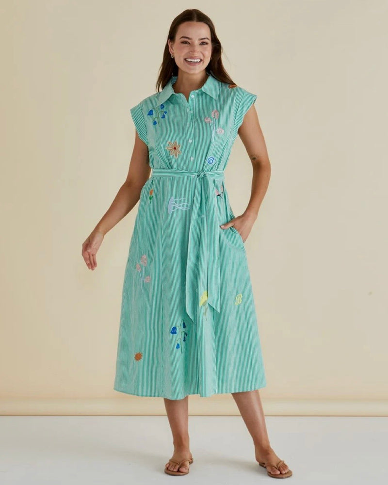 Gloria Floral Dress - Floral Green Stripe