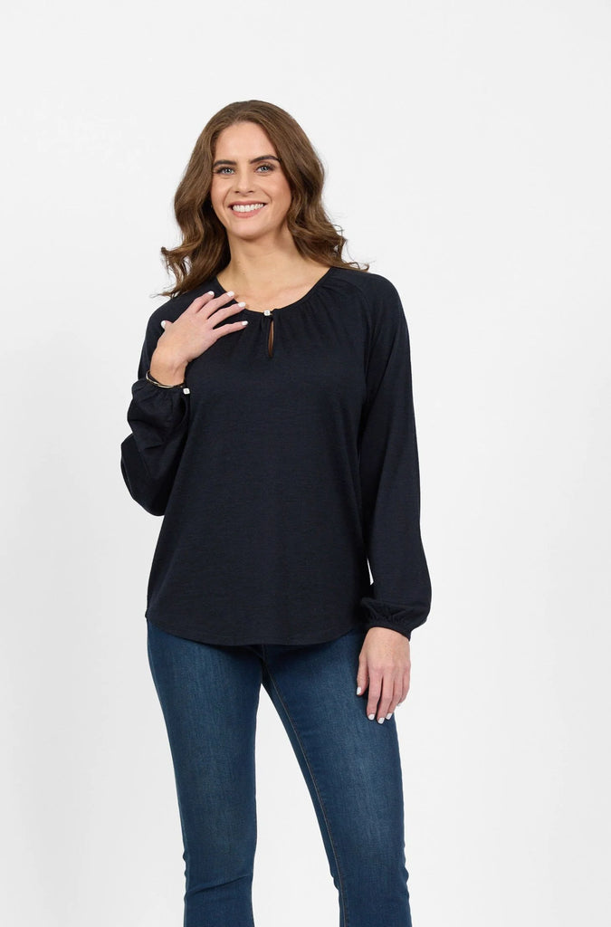 Merino Round Neck Top With Front Keyhole / Midnight