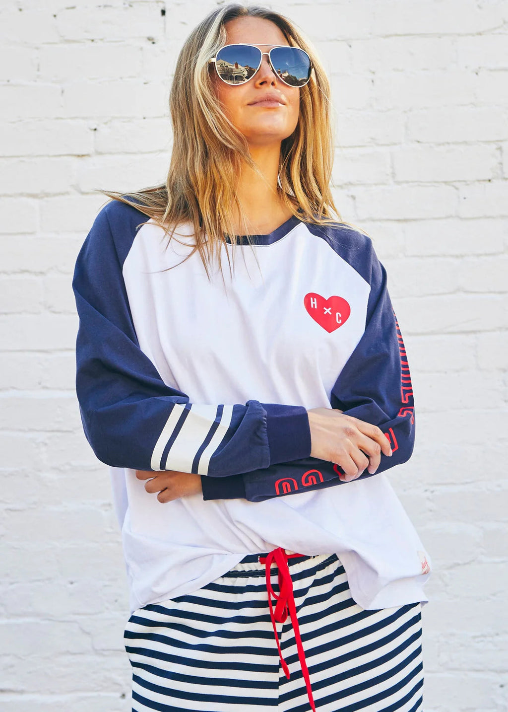 Retro Heart L/L Tee - White/Navy