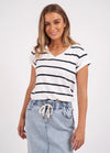 Manly Stripe Vee Tee -White/Navy Stripe