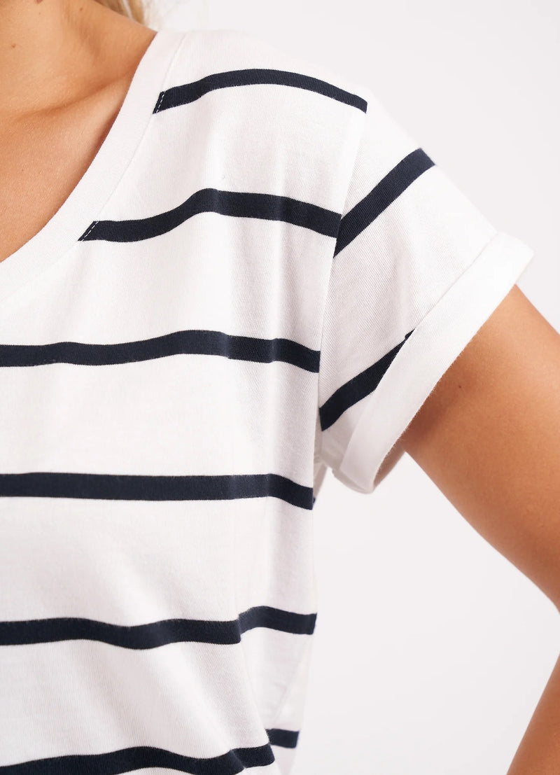 Manly Stripe Vee Tee -White/Navy Stripe