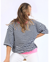 Mazie Stripe Ringer Sweat -Navy /White Stripe/Neon Pink Trim