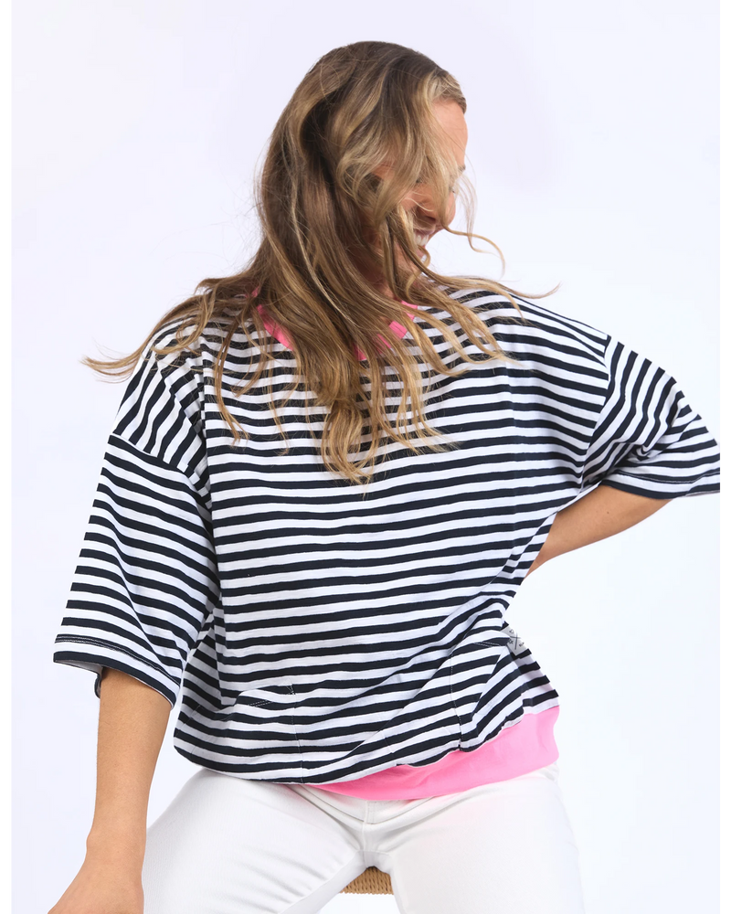 Mazie Stripe Ringer Sweat -Navy /White Stripe/Neon Pink Trim