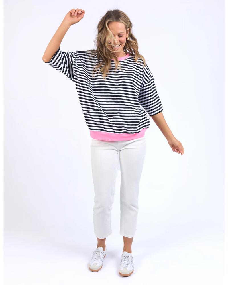 Mazie Stripe Ringer Sweat -Navy /White Stripe/Neon Pink Trim