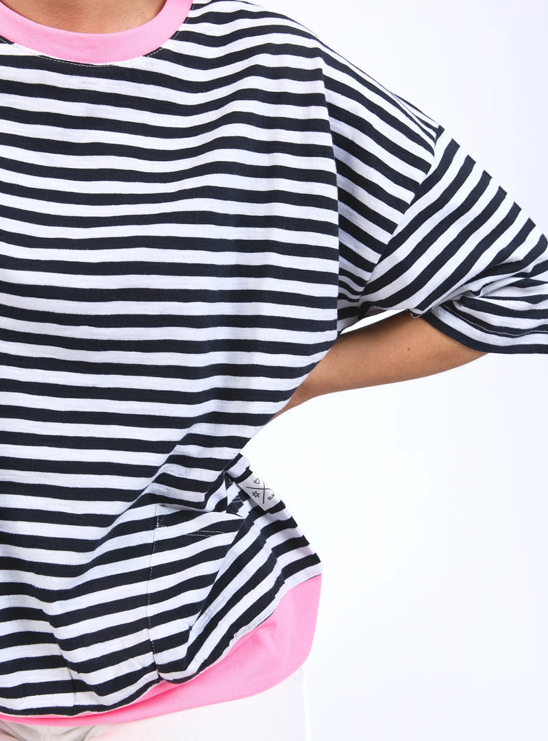 Mazie Stripe Ringer Sweat -Navy /White Stripe/Neon Pink Trim