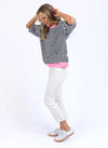 Mazie Stripe Ringer Sweat -Navy /White Stripe/Neon Pink Trim