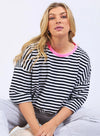 Mazie Stripe Ringer Sweat -Navy /White Stripe/Neon Pink Trim