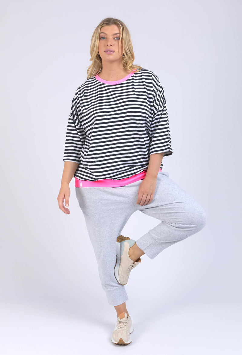 Mazie Stripe Ringer Sweat -Navy /White Stripe/Neon Pink Trim