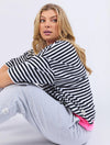 Mazie Stripe Ringer Sweat -Navy /White Stripe/Neon Pink Trim