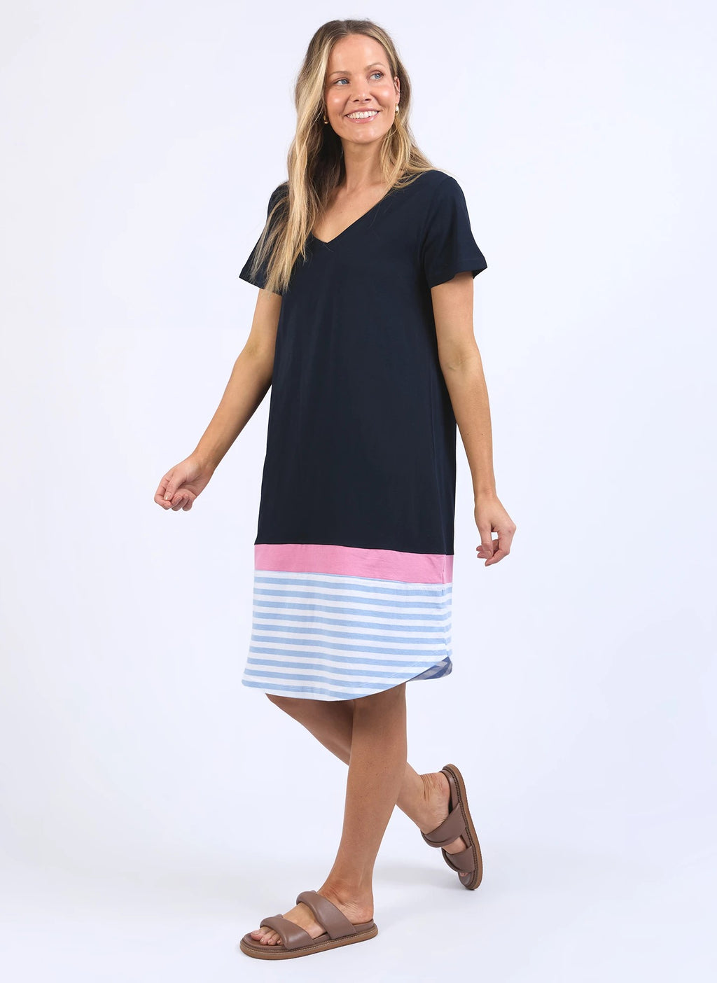 Draw the Line Tee Dress - Navy/Blue and White Stripe