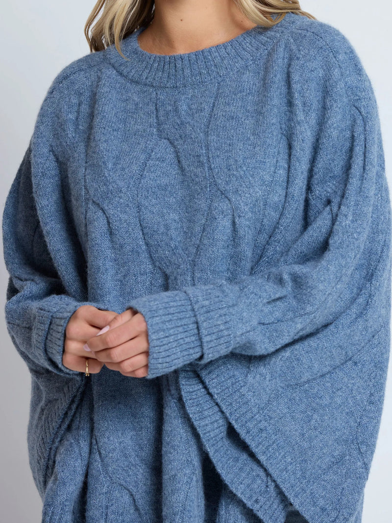 Cable Poncho - Denim