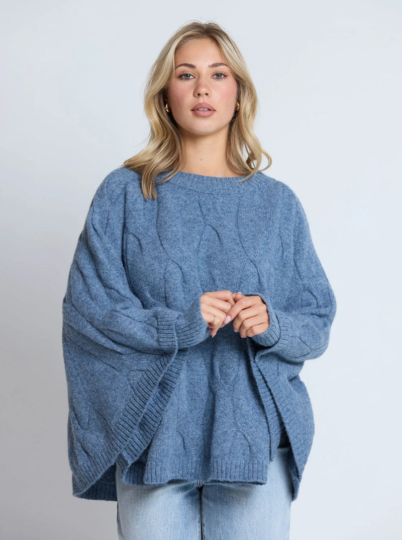 Cable Poncho - Denim