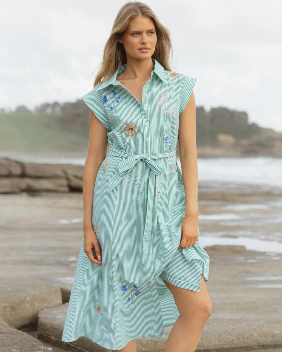 Gloria Floral Dress - Floral Green Stripe