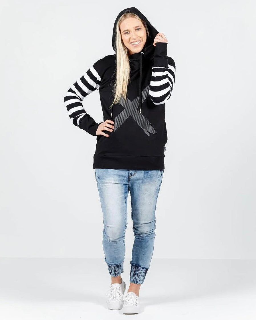 Hooded Sweatshirt Black - Black/White Stripe