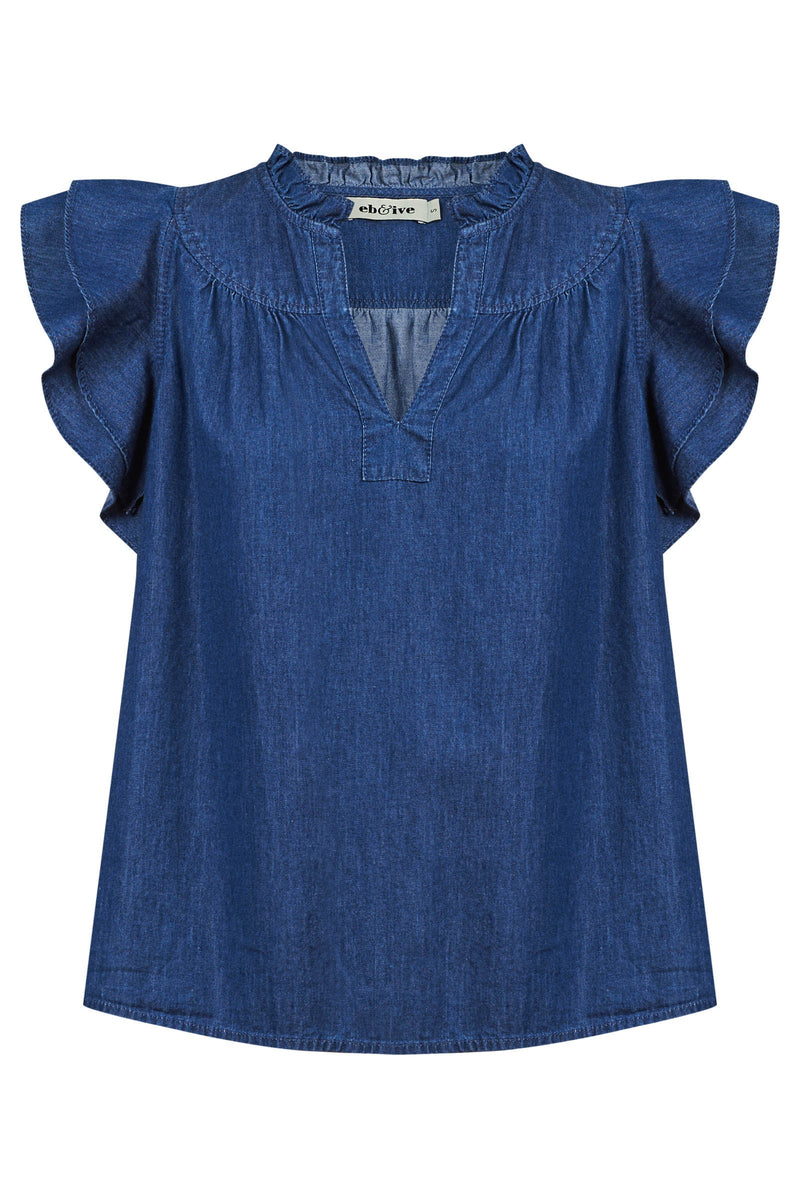 Melenia Denim Frill Top - Indigo