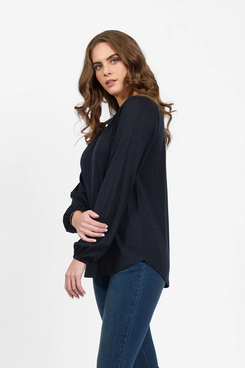 Merino Round Neck Top With Front Keyhole / Midnight