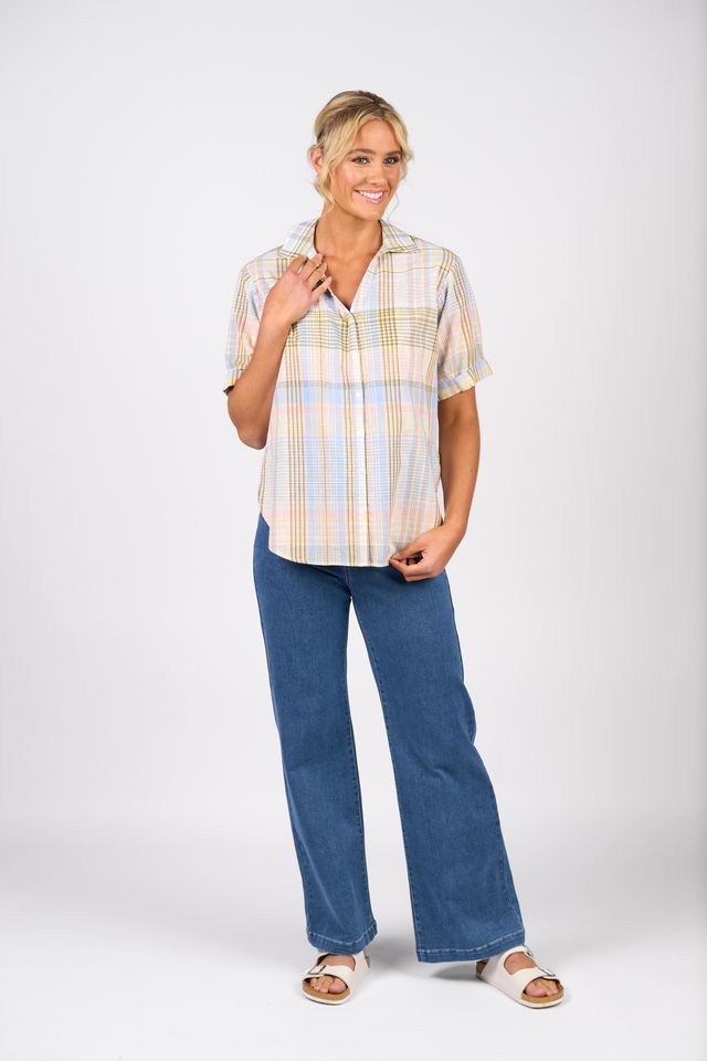 Dropped Shoulder Shirt with Rounded Hem - Blue Check