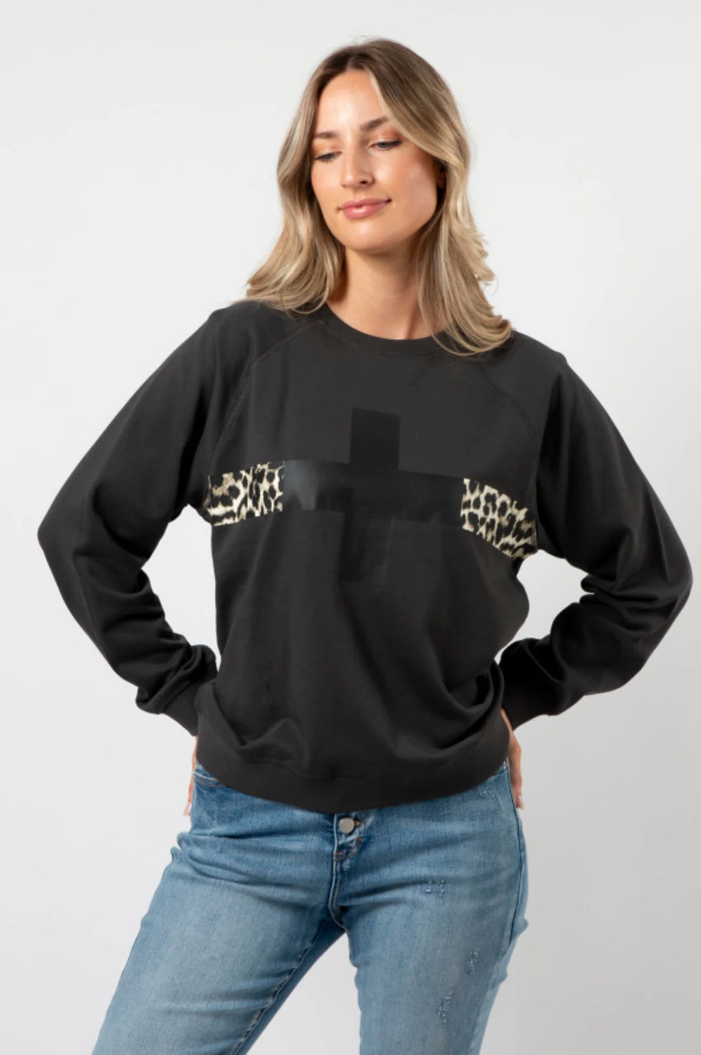 Everyday Sweater - Charcoal Cross With Leopard Stripe