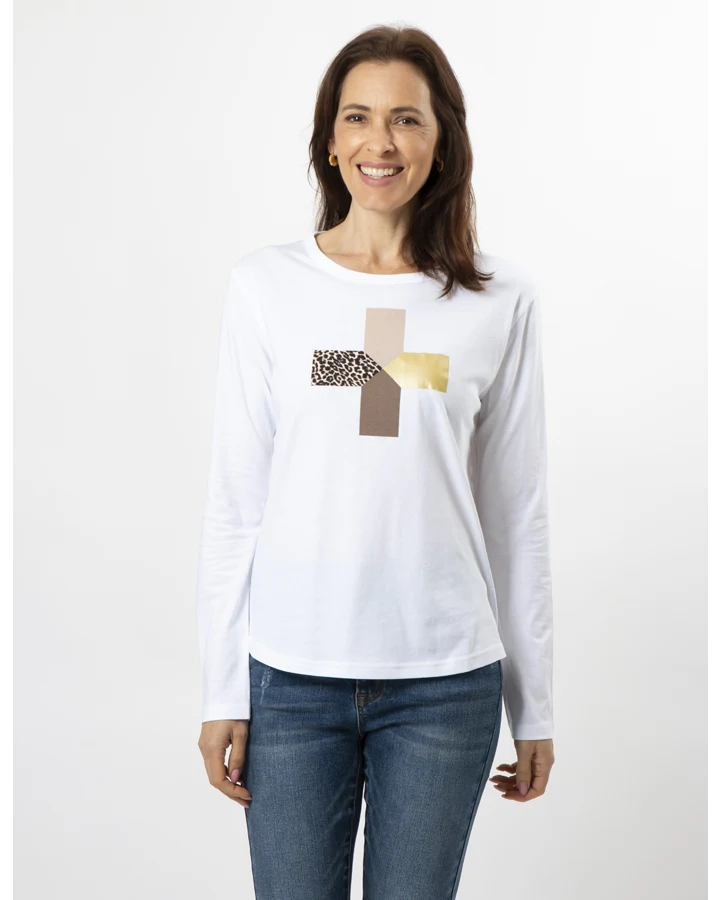 Purrfect Leopard Cross L/S Tee - White