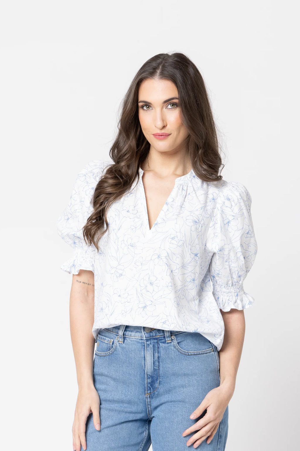Relaxed Butterfly Top / Blue Floral Sketch