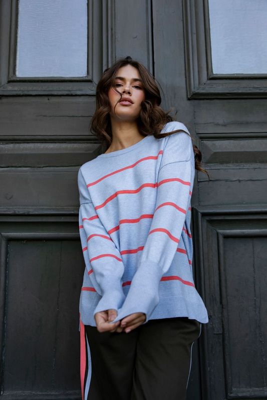 Charli Stripe Knit - Sky Blue/Cosy Coral Stripe