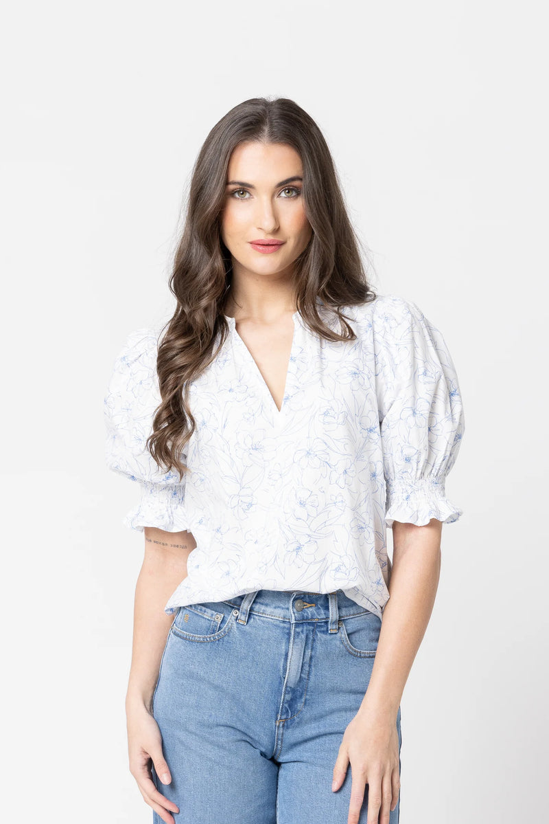 Relaxed Butterfly Top / Blue Floral Sketch