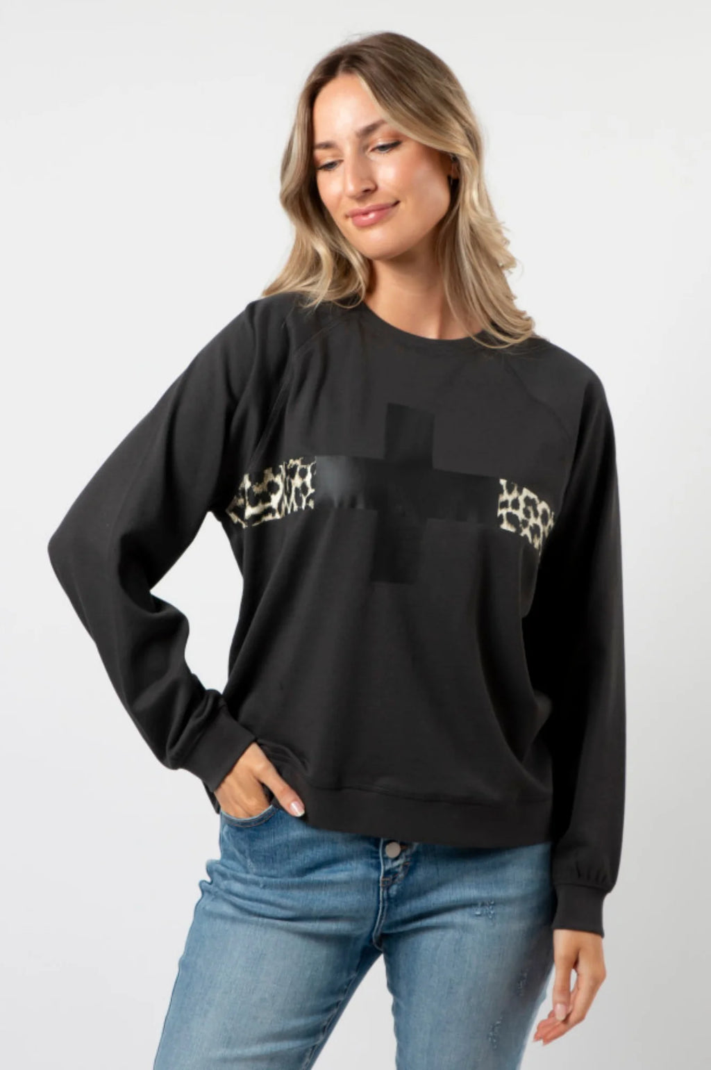 Everyday Sweater - Charcoal Cross With Leopard Stripe