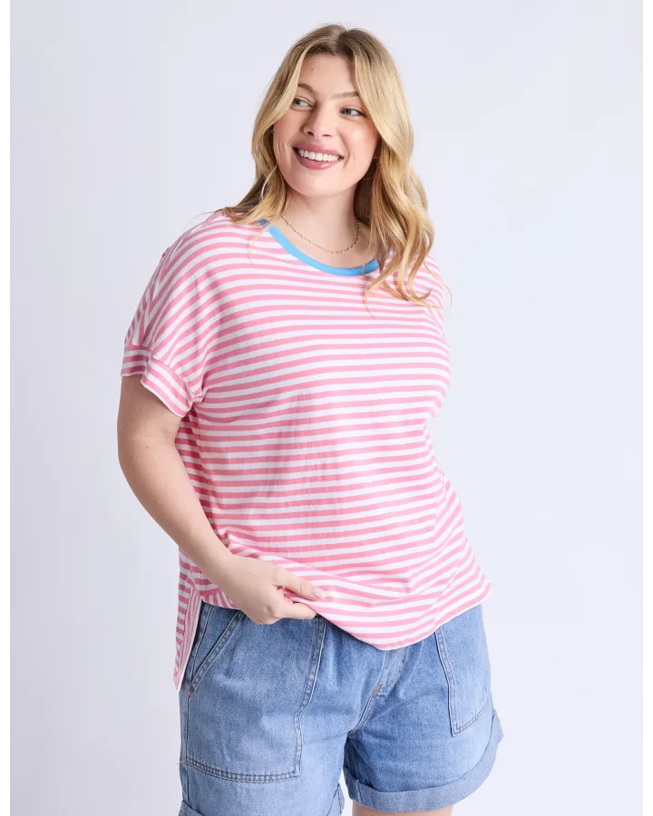 Jarrah Stripe S/S Tee / Geranium Pink & White Stripe / Azure