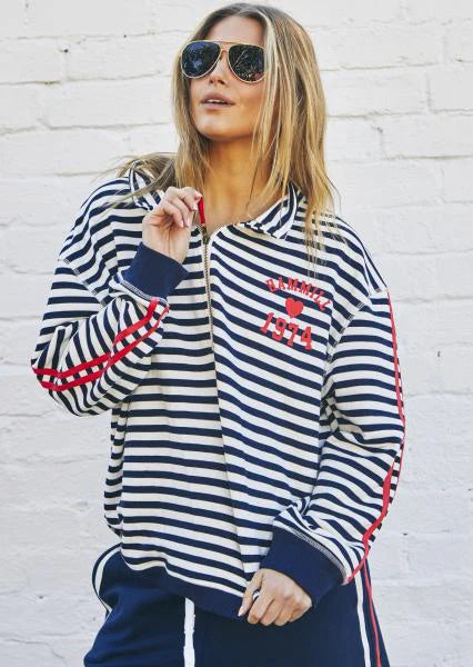 Retro Stripe Collard Zip Sweat- Navy/White