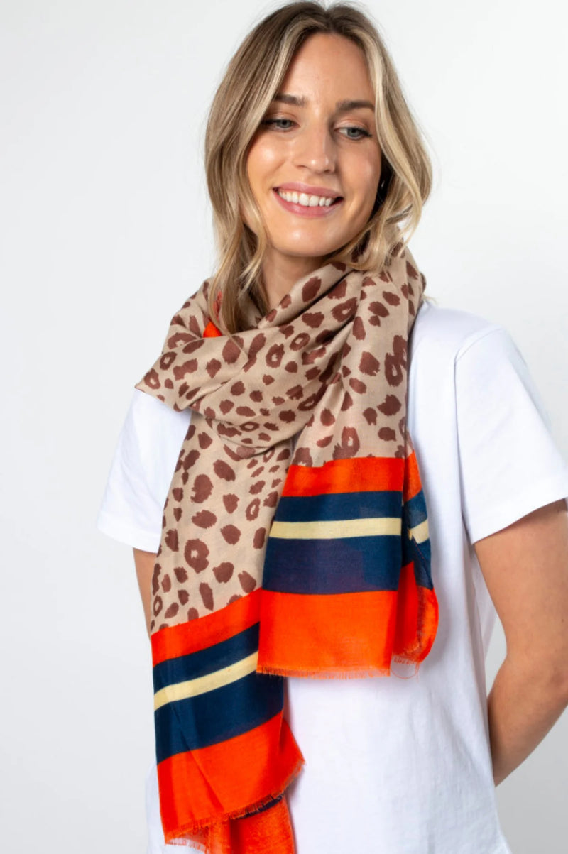 Leopard Scarf - Chestnut w Navy Stripe