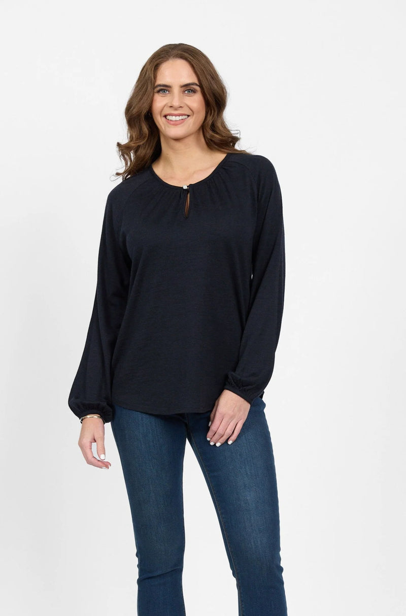 Merino Round Neck Top With Front Keyhole / Midnight