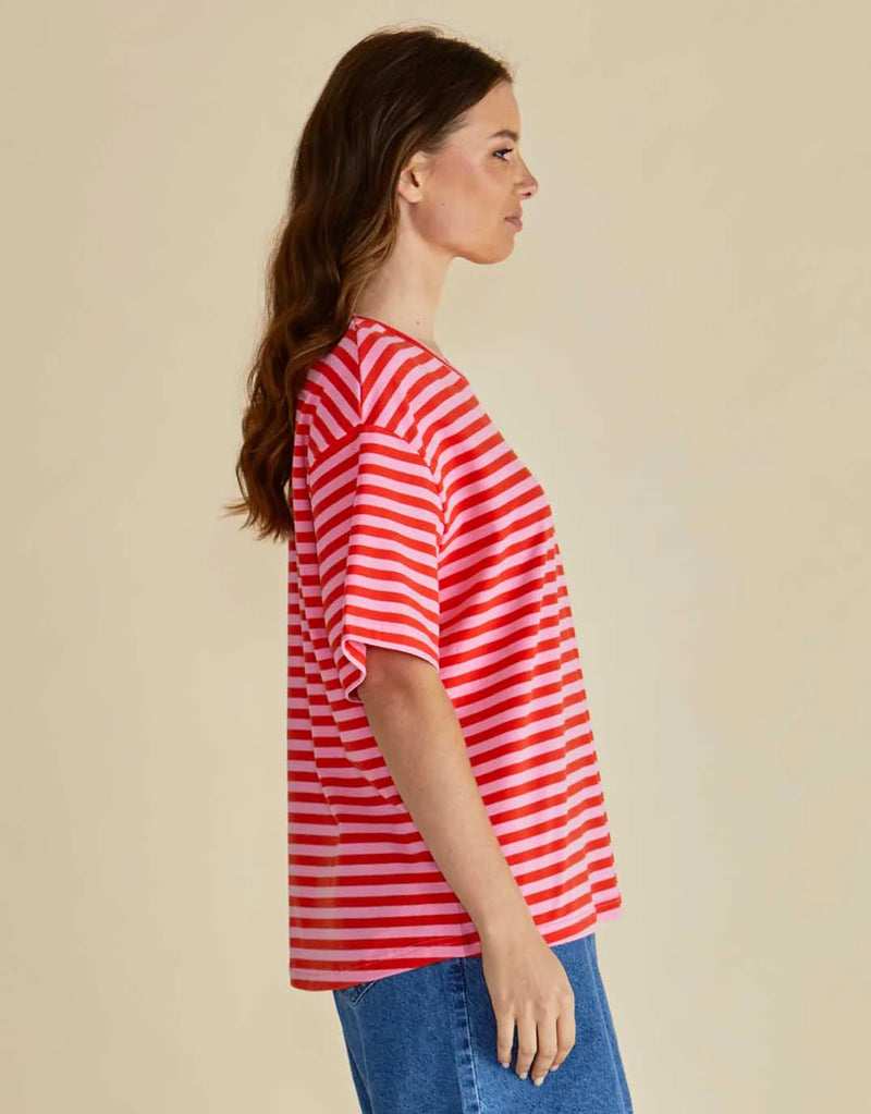 Relax Boxy Tee / Pink Red Stripe