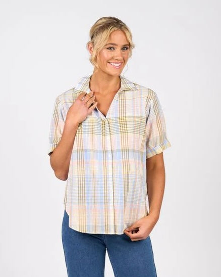 Dropped Shoulder Shirt with Rounded Hem - Blue Check