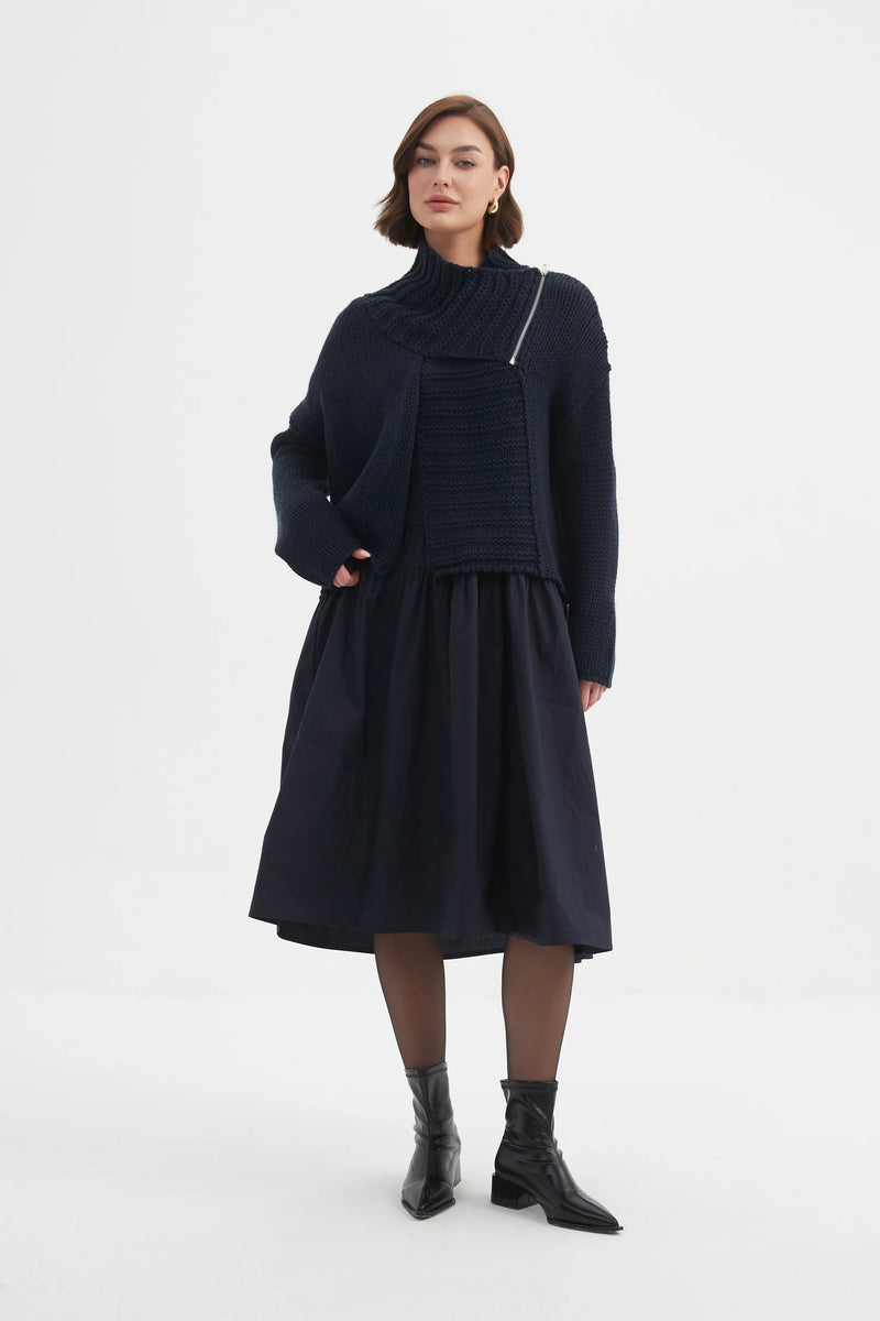 Zip Collar Cardigan - Navy