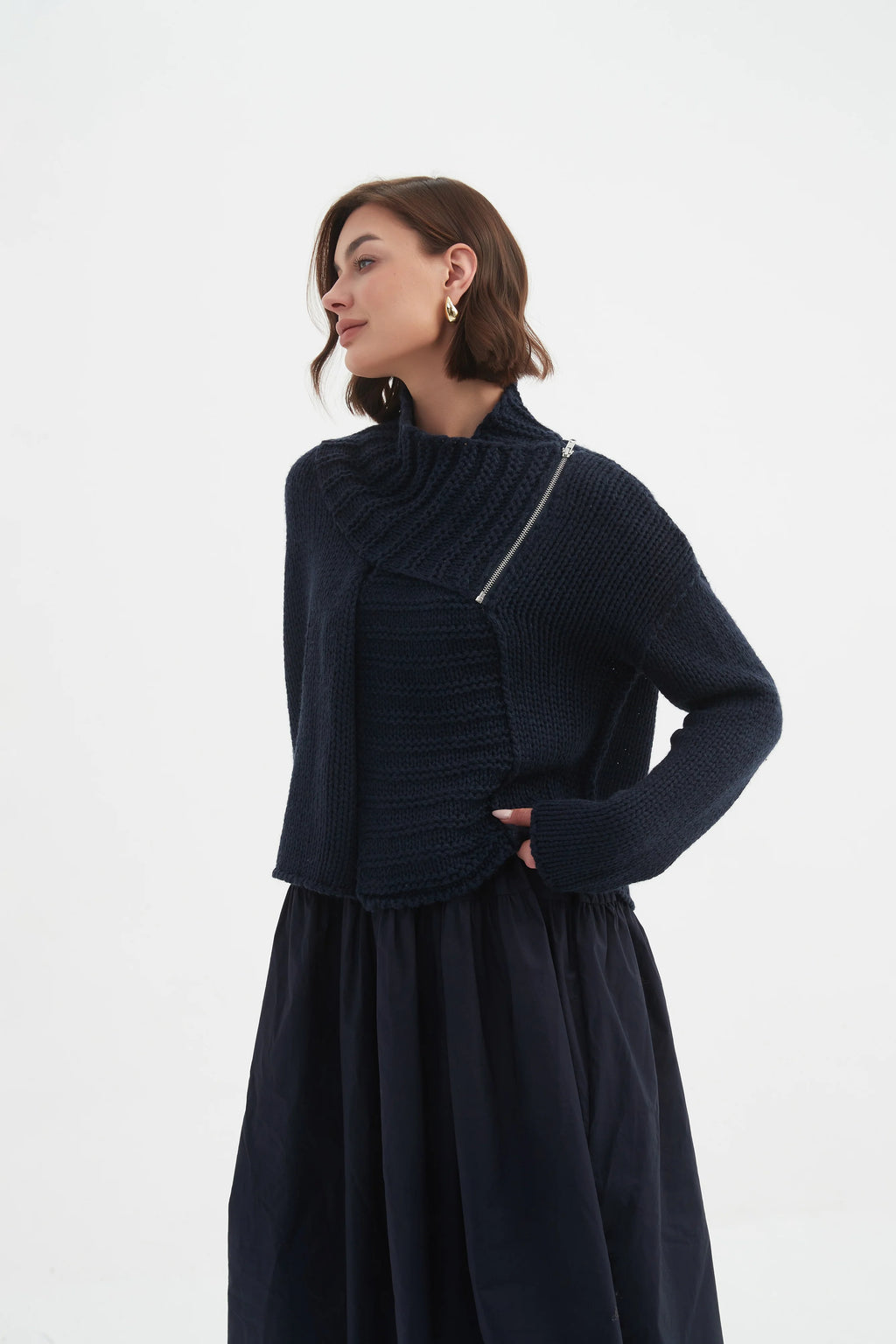 Zip Collar Cardigan - Navy