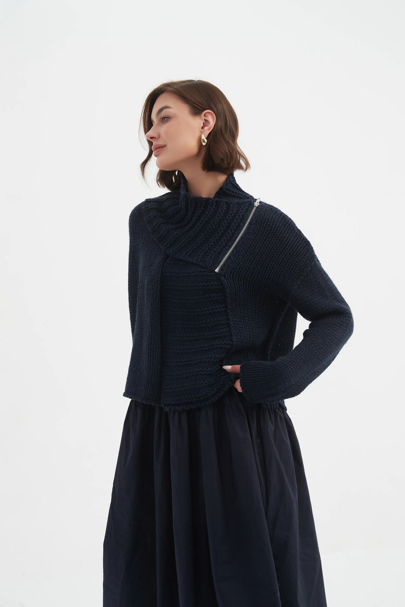 Zip Collar Cardigan - Navy