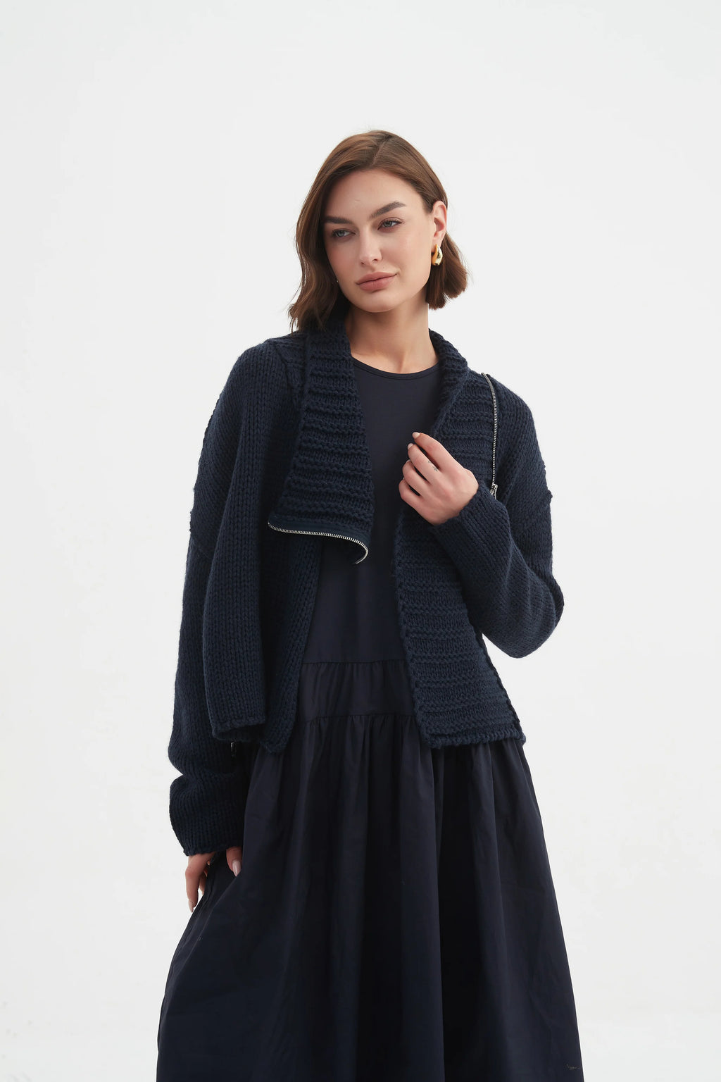 Zip Collar Cardigan - Navy