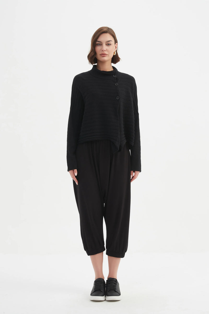 Cowl Neck Button Knit - Black