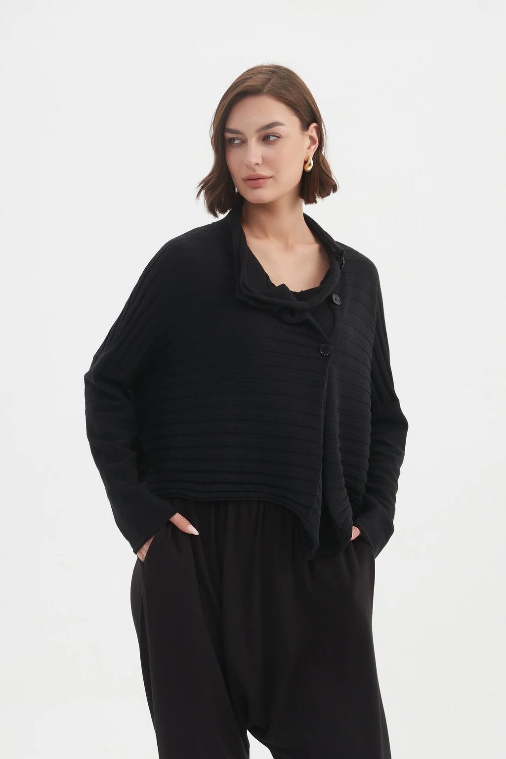 Cowl Neck Button Knit - Black