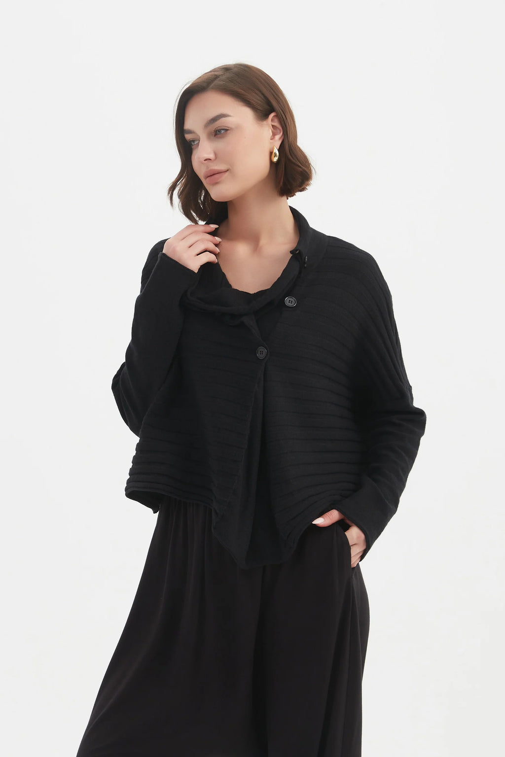 Cowl Neck Button Knit - Black
