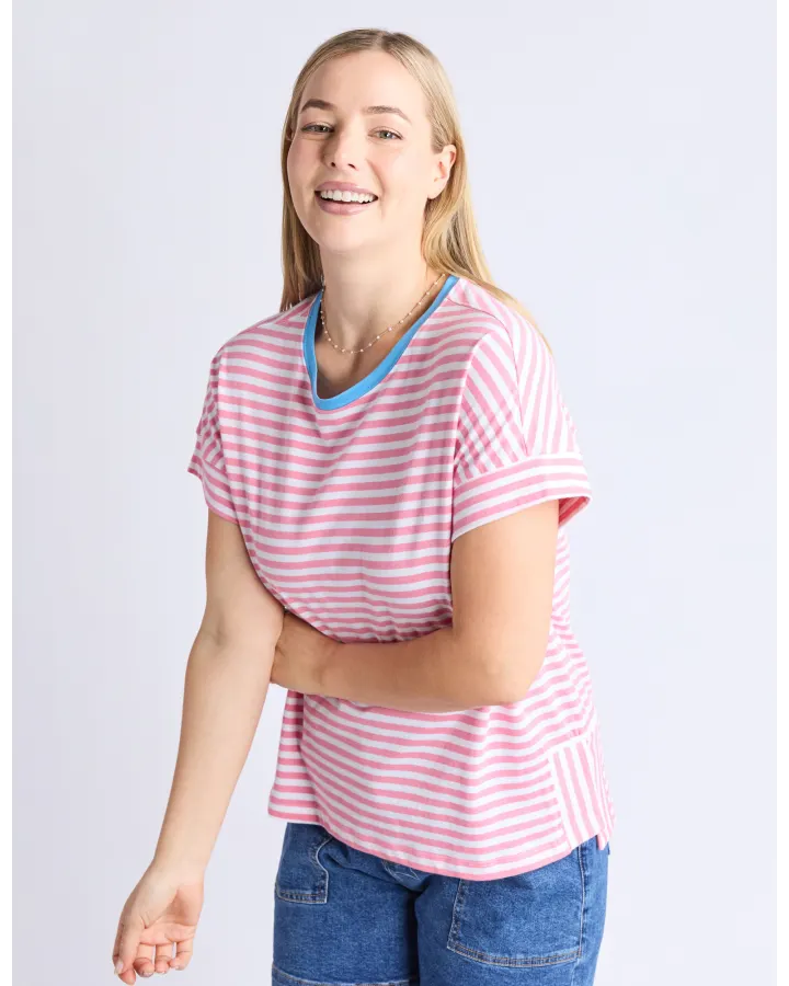 Jarrah Stripe S/S Tee / Geranium Pink & White Stripe / Azure