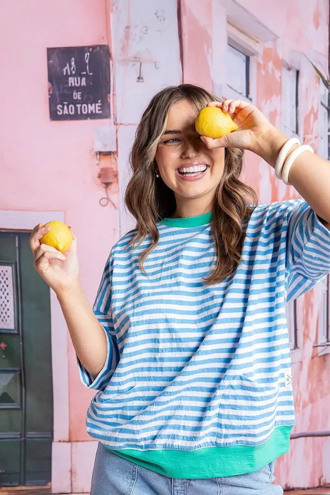 Mazie Stripe Ringer Sweat / Azure & White Stripe