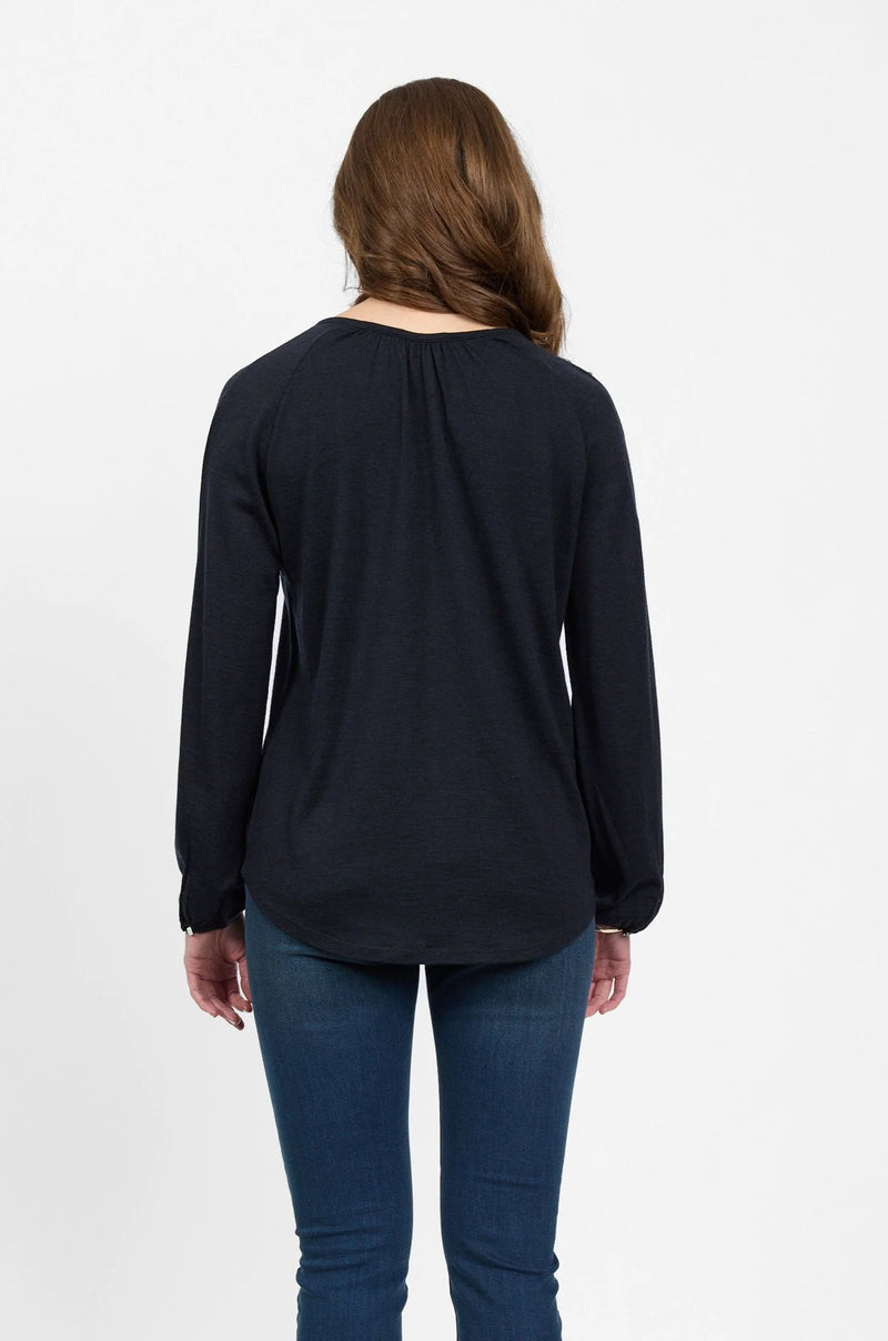 Merino Round Neck Top With Front Keyhole / Midnight