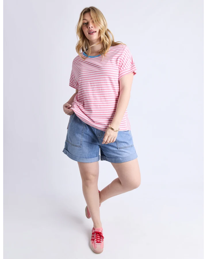 Jarrah Stripe S/S Tee / Geranium Pink & White Stripe / Azure
