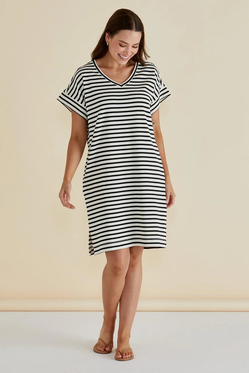 Elise V Neck Dress / White Black Stripe
