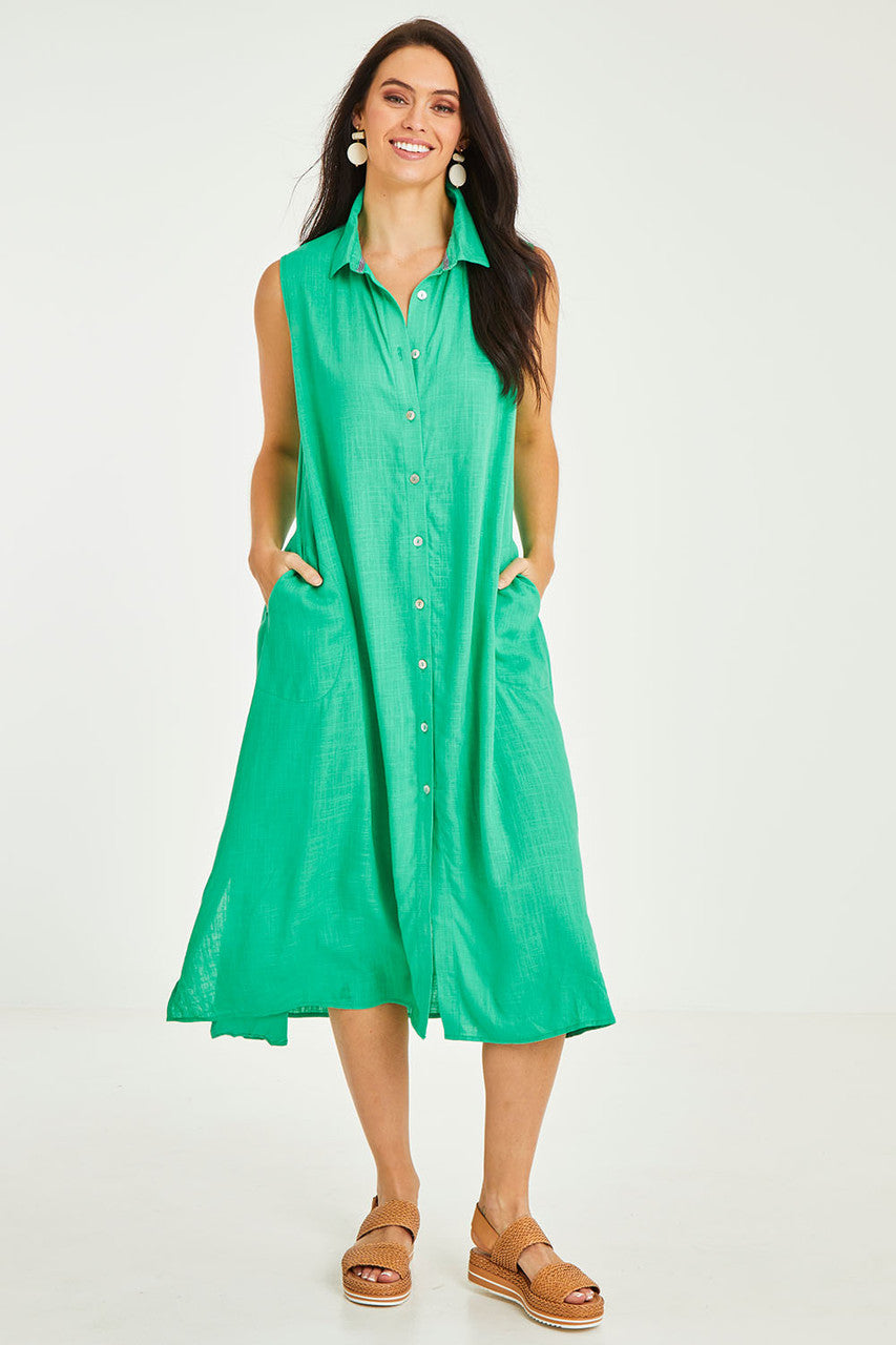 Cara Sleeveless Shirt Dress / Green