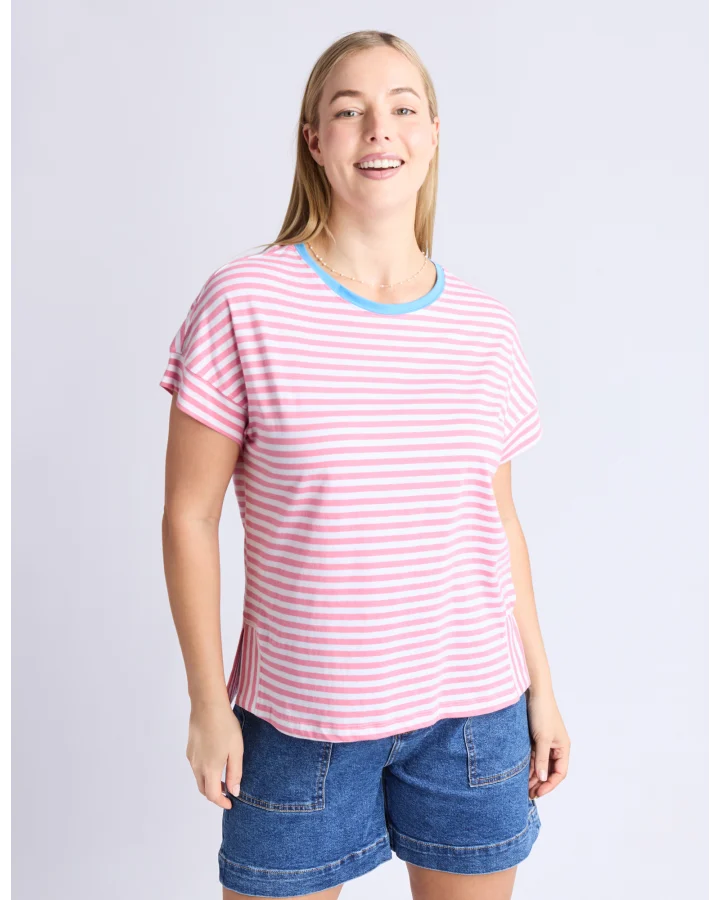 Jarrah Stripe S/S Tee / Geranium Pink & White Stripe / Azure
