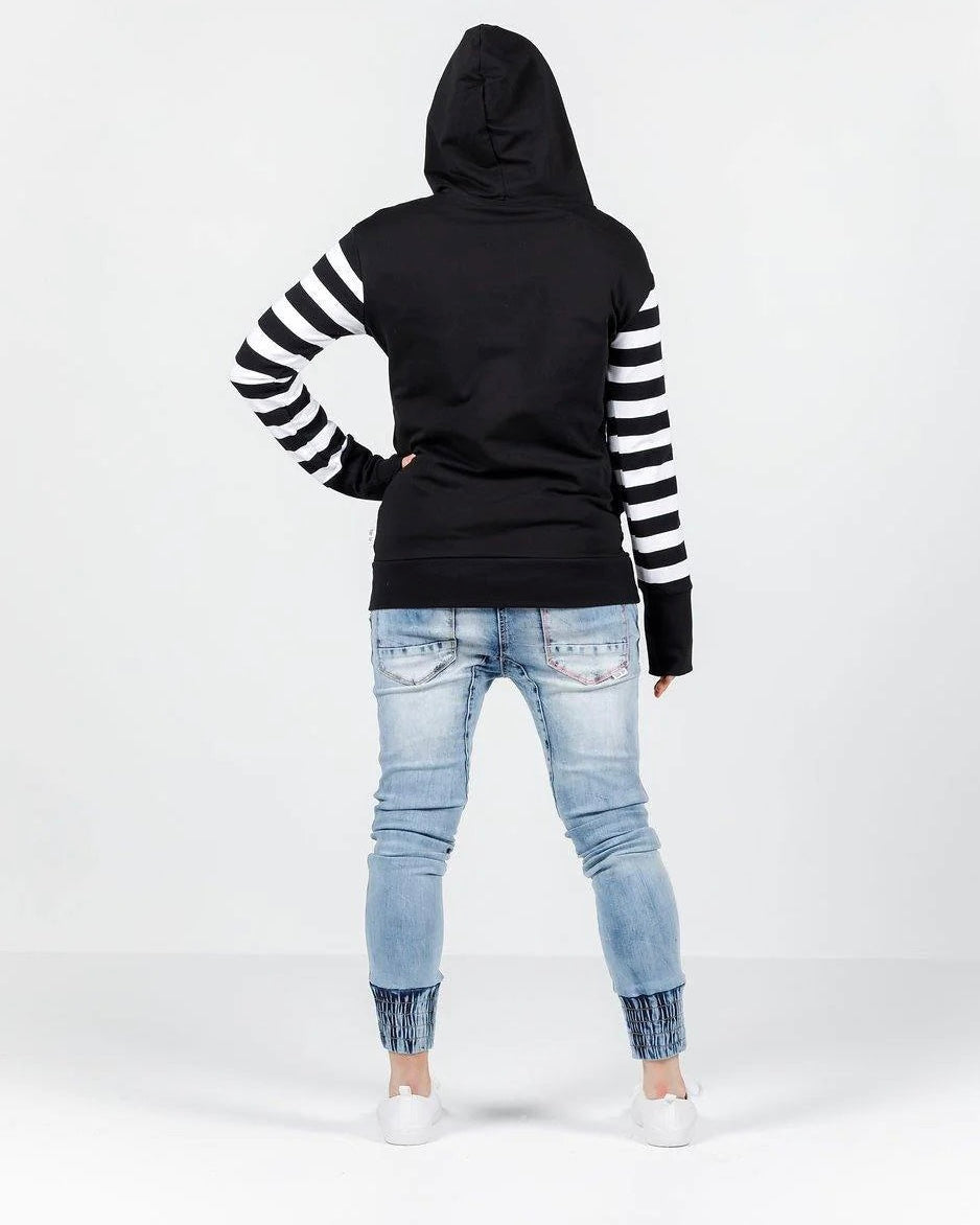 Hooded Sweatshirt Black - Black/White Stripe