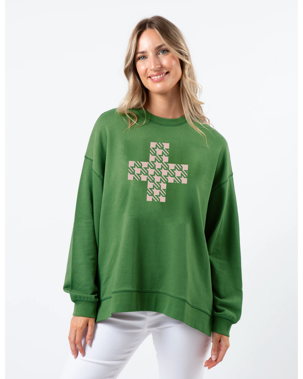 Sunday Sweater - Emerald w Blush Houndstooth